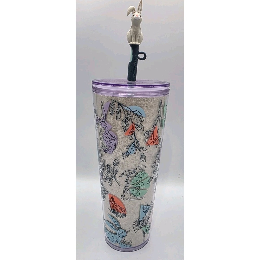Starbucks 2024 Spring Easter Bunny Glitter Flowers Tumbler 24oz Venti Cup